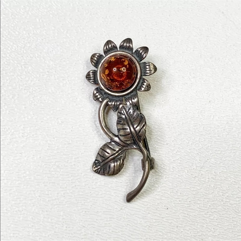 Amber Sterling Silver flower brooch Baltic Floral
